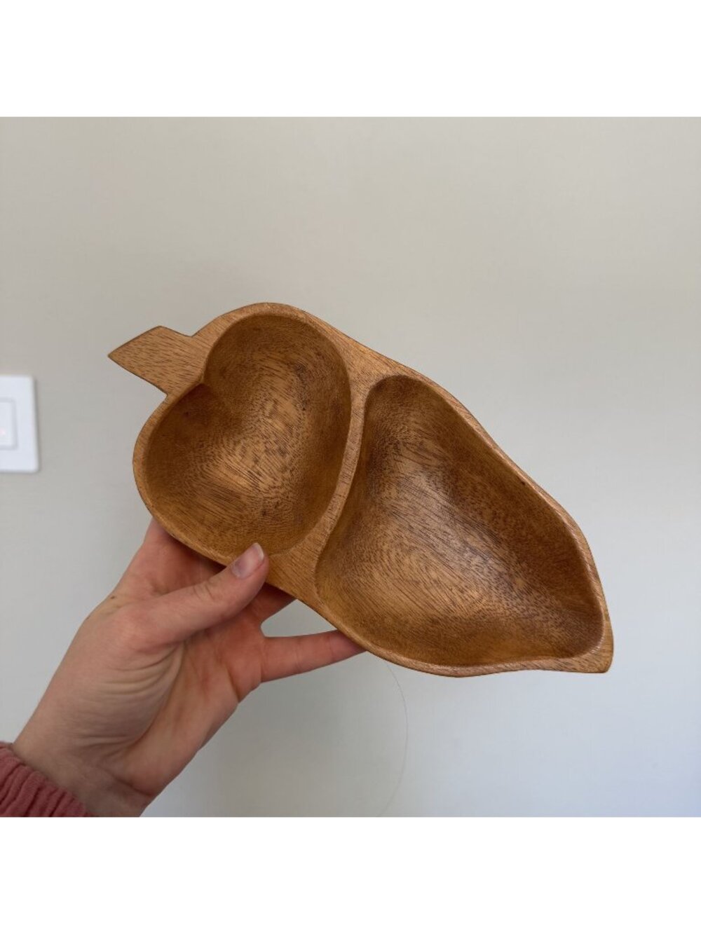 Vintage Davar Hand Carved Wood Leaf Divided Tray MCM Snack Dish Catchall